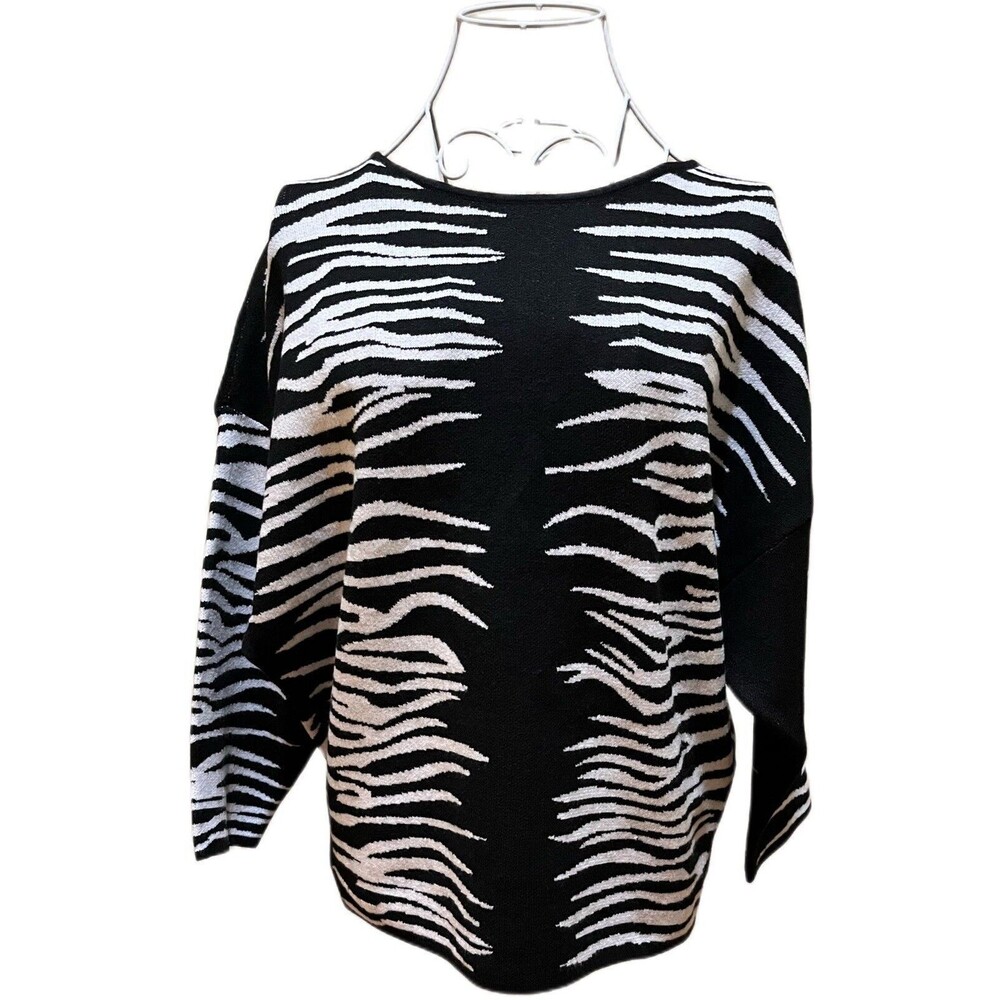 Greige Animal Print Jacquard Dolman Sleeve Black/Ivory Sweater, Size M, NWT